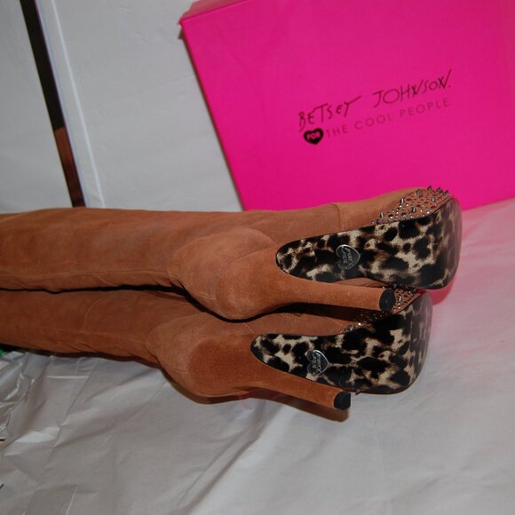 7.5❤️Betsey Johnson Suede Oiled Leather Over the Knee High Heels Platform BOOTS - Picture 9 of 12